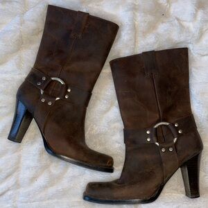 MICHAEL KORS DISTRESSED OILED LEATHER HARNESS MOTO LOW CALF BOOT HEELS